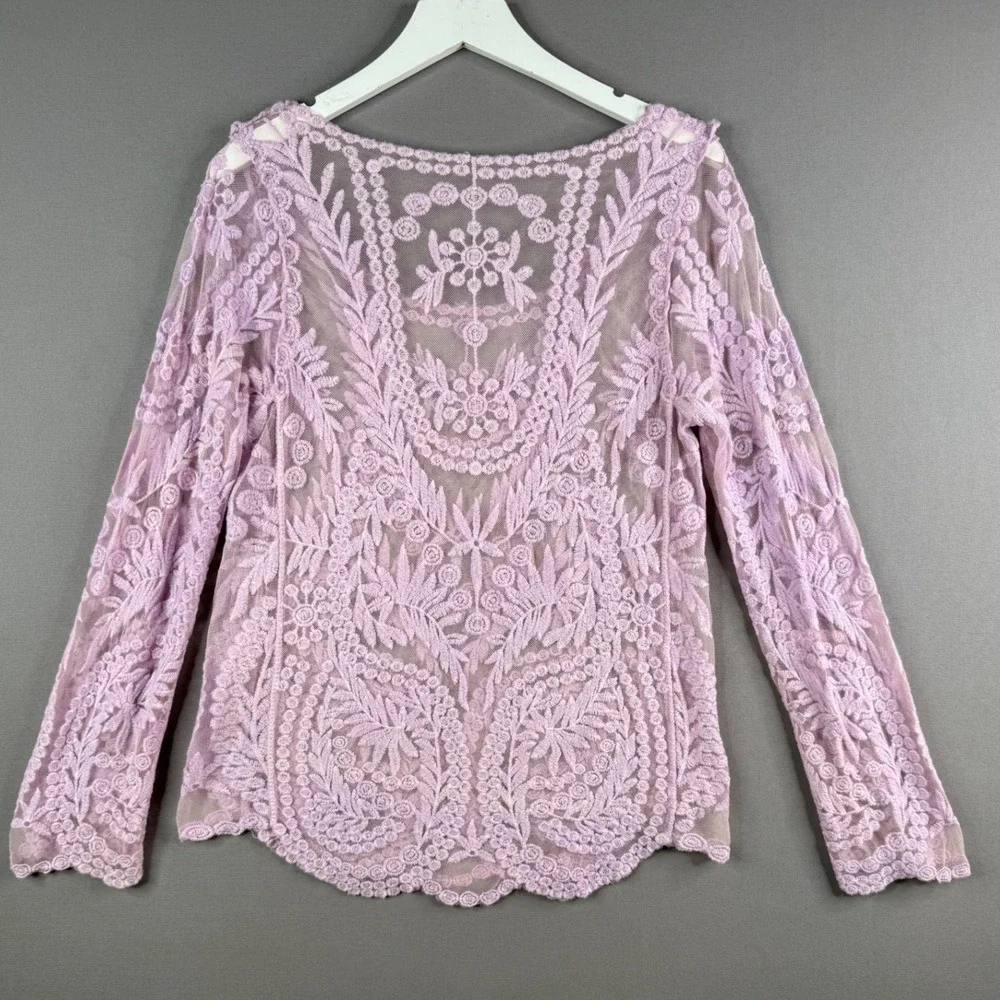 Lace Top Womens L Lavender Purple Sheer Floral Boho Long Sleeve Ethereal Fairy